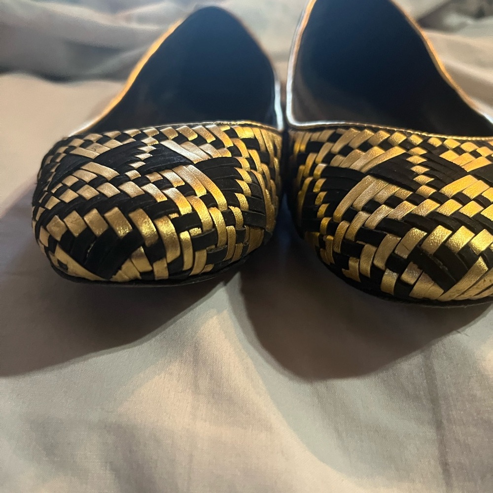Rebecca Minkoff Black and Gold Woven Flats